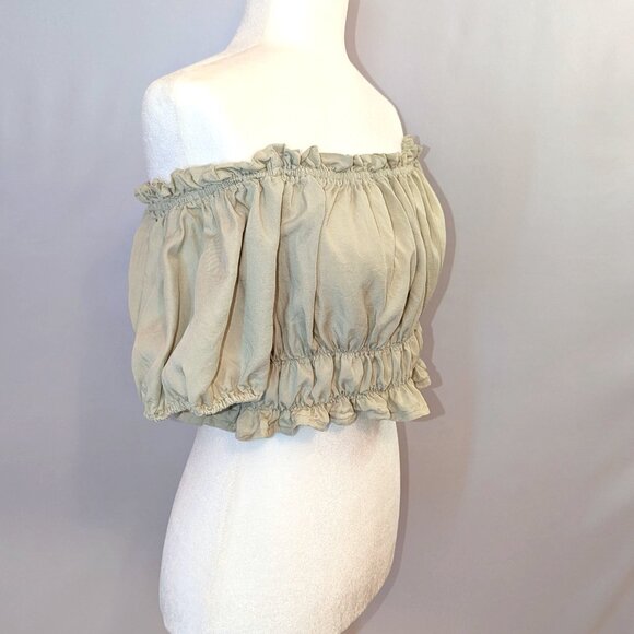 Love Tree | 100% Tencel Light Sage Green Off Shoulder Crop Top | Size Medium - Picture 3 of 10